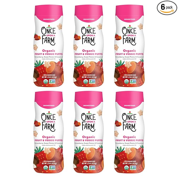 Once Upon A Farm Strawberry, Coconut & Sweet Potato Puffed Sorghum Snack, Fruit & Veggie Puffs, Non GMO, 1.5 Ounces (Pack Of 6)