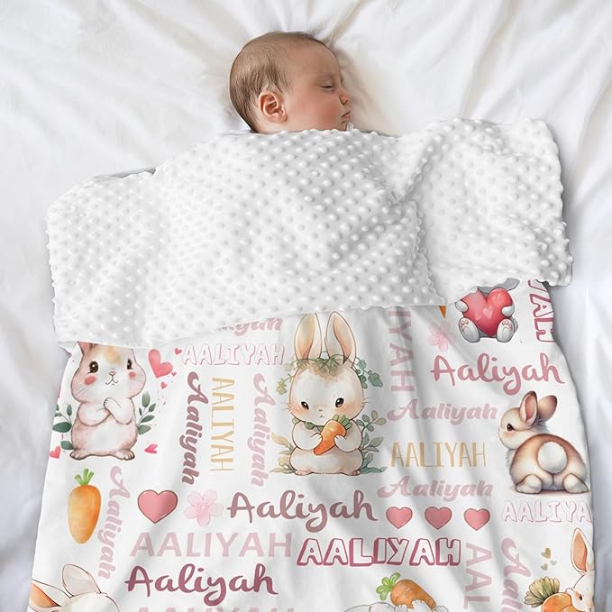 Custom Baby Blanket for Girls Rabbit Personalized Baby Blankets with Name Dotted Backing Customized Gifts for New Mom Customize Baby Blanket for Kids Newborn Birthday Pink