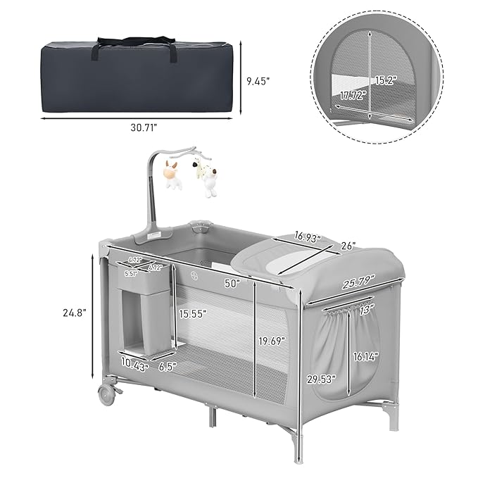 Large Pack and Play, Baby Bed Portable Crib with Diaper Changing Table Mattress Hanging Toys & Decor, Travel Bassinet Bedside Sleeper Playard from Newborn to Toddlers