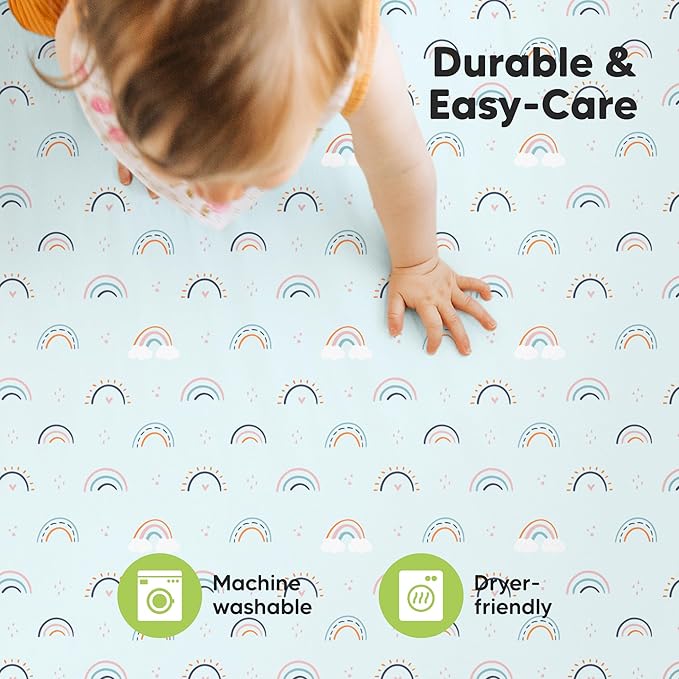 2-Pack Mini Crib Sheets Fitted - 38x26 Pack N Play Sheets for Pack and Play Mattress, Organic Cotton, Soft & Breathable Playard Bedding, Neutral Mini Toddler Bed Cover for Boys, Girls (Jolly Rainbow)