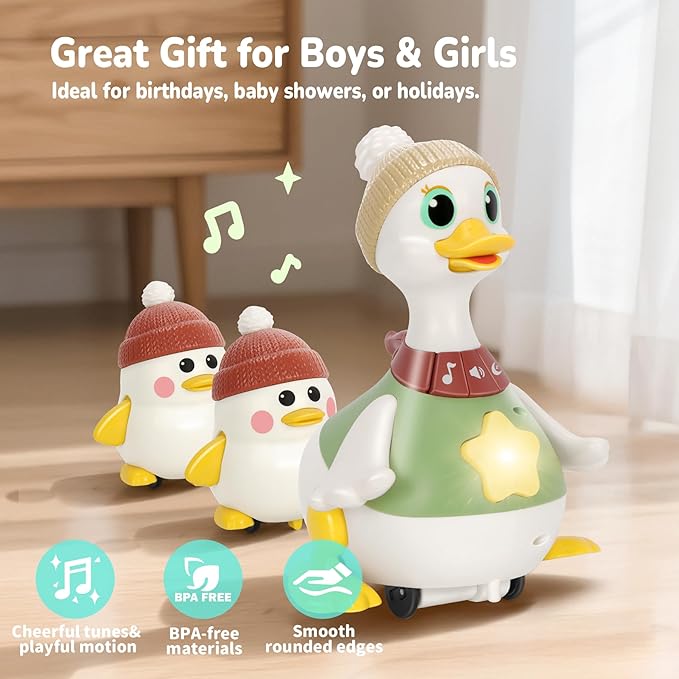 Hestiasko Dancing Duck Toy for Babies 6-36 Months, Musical Crawling & Tummy Time Toy Set with Magnetic, Learning Crawl Interactive Baby Toys for Toddlers 1-3 Birthday Easter Gifts for Boys Girls
