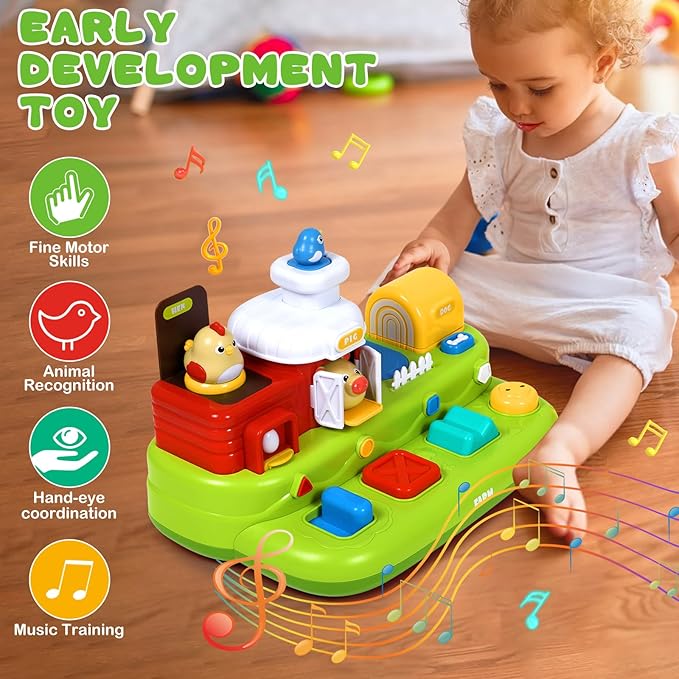 Interactive Pop Farm Animal Up Toys with Music Sounds Montessori Cause and Effect for 1-3 Baby Boy Girl Early Educational Musical Baby Infant STEM Gift 9-12-18 Months Babies Birthday