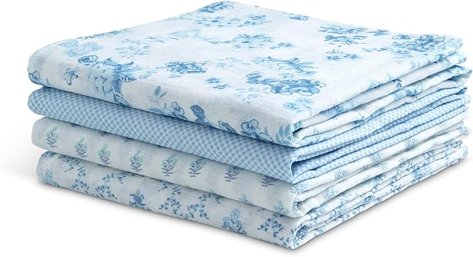 Delta Children 100% Cotton Muslin Baby Receiving Blankets for Girls and Boys – 47x47 Inches (Pack of 4), Blue Botanicals