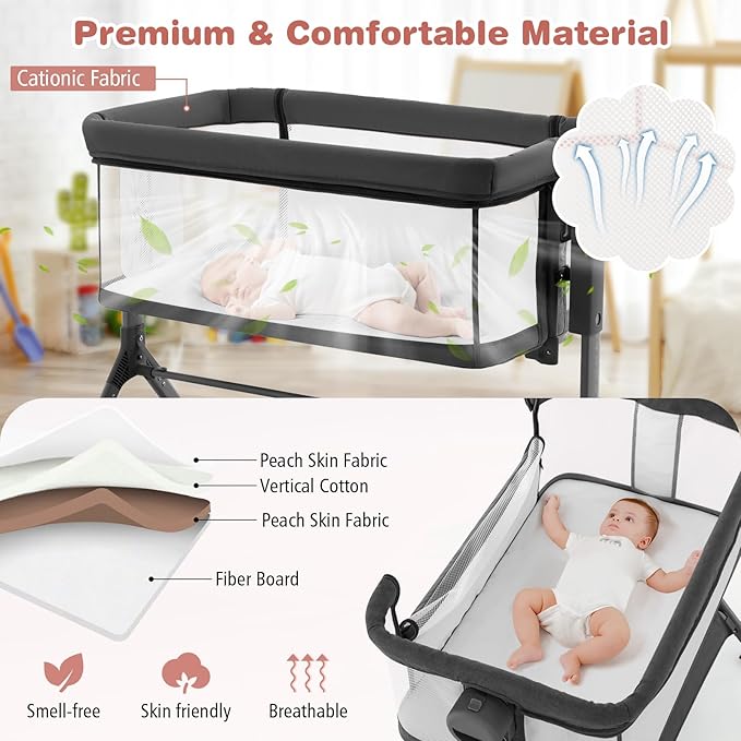 BABY JOY Bassinet, 3 in 1 Rocking Bedside Bassinet w/Storage Basket, Universal Wheels, Adjustable Height, Mattress, Net & Portable Bag, Carriable Crib Baby Bassinets Bedside Sleeper (Gray)