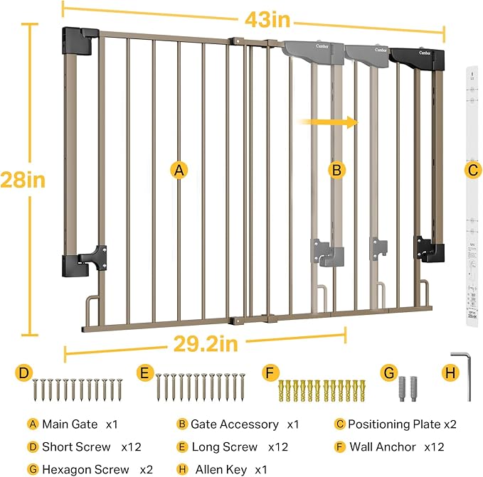 Cumbor 29.2–43" Baby Gate for Stairs, Wall-Mounted (Drill Required), No Bottom Bar Dog Gate, Auto Close Extra Wide Adjustable Walk Thru, Pet & Toddler Proof Gate, Top & Bottom of Stairways (Brown)