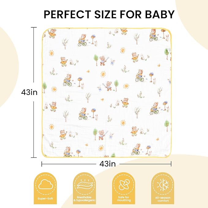 Luxury Muslin Baby Blanket, Cozy Swaddle, 6-Layer Cotton Receiving Blanket for Newborn Infant, 43x43 Inch Lightweight Breathable Crib Blanket, Nursery Stroller Toddler Quilt, Bear Print