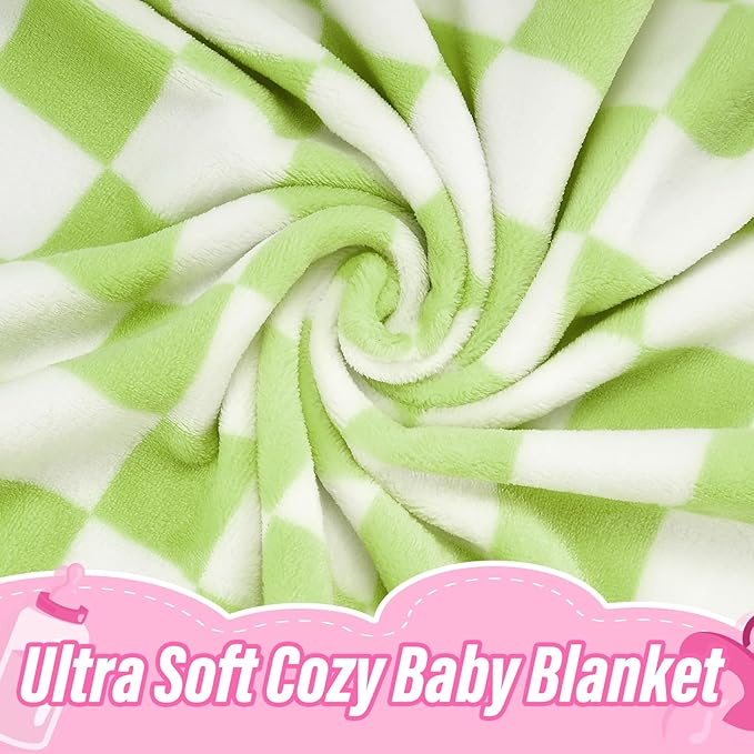 Plush Checkered Baby Blanket for Boys Girls Nursery, 30"*40" Warm Short Fleece Blanket Neutral for Infant Newborn, Small Fuzzy for Sleeping, Chenille or Stroller (Wine Green&White)