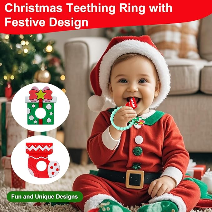 Christmas Baby Teething Ring Toys – Christmas Gift & Stocking Teethers for Newborns, Infants & Toddlers – Sensory Chew Bracelet for Teething Relief – Perfect Baby’s First Christmas Stocking Stuffers