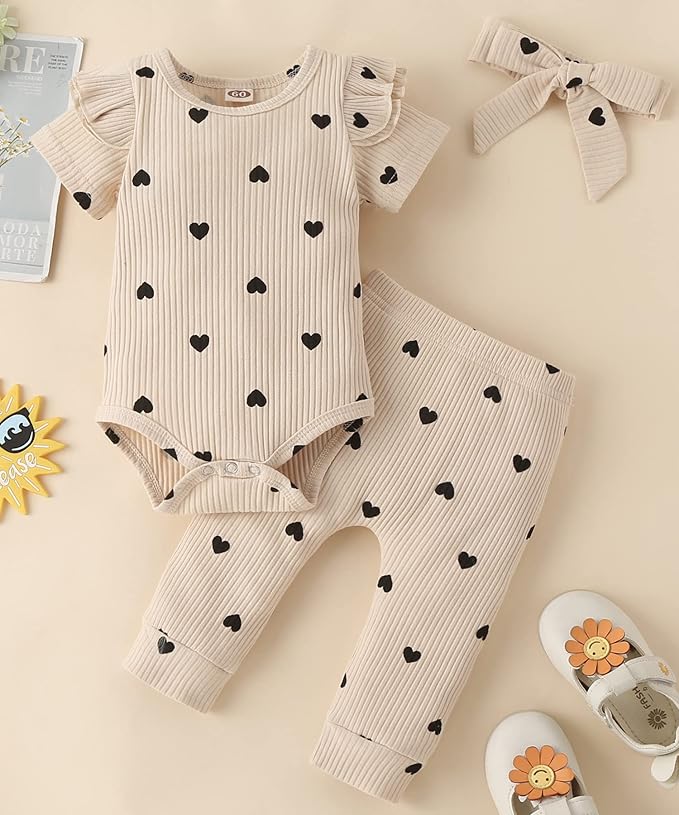 Fullfamous Baby Girl's 3pc Rib Frill Long Sleeve Romper and Pant Set
