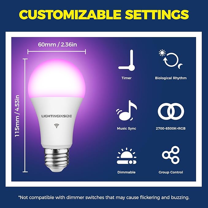 Smart Light Bulbs 100W Equivalent, Works with Alexa/Google Home/Smart Life, 1350LM 11W RGBCW Color Changing LED Light Bulbs, 2.4G WiFi Bluetooth Bulb, No Hub Required, ETL Listed, 2PCS