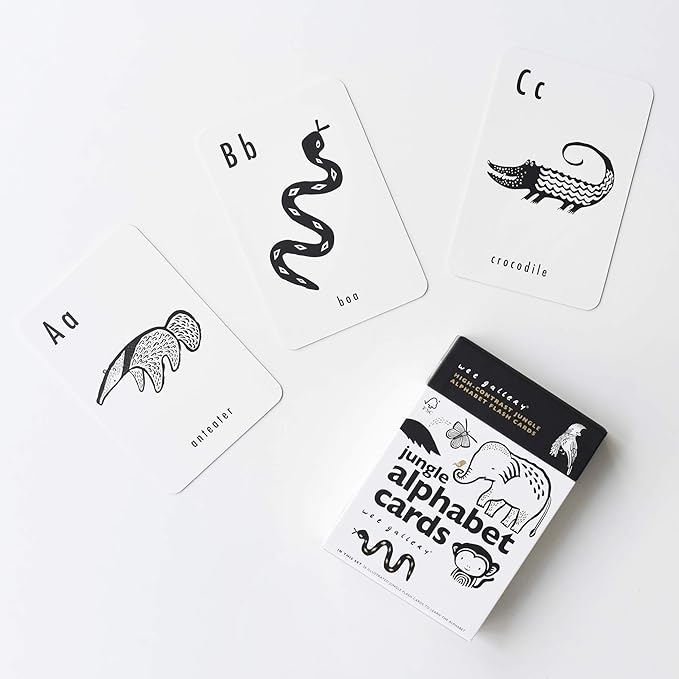 Wee Gallery Educational Flashcards for Babies, Double Sided Black and White Learning Flash cards, Jungle Animal Alphabet Cards for Visual Stimulation and Cognitive Development of Infants and Toddlers