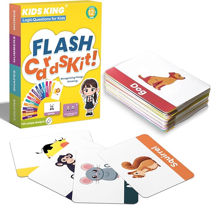 Baby Learning Flash Cards for Toddlers 1-7, Learn to Think Logically | Words Number Color Shape | 100 Double-Sided Cards Design, Educational Toys for Preschool Kindergarten Pre-K 12 Month