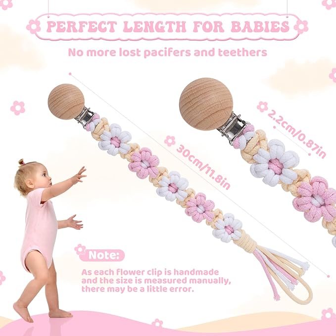 Pacifier Clip for Boys Girls Floral Daisy Macrame Baby Paci Clip Pacifier Holder Leash Boho Wooden Clips Handmade Braided Cotton Binky Clips (1pack:Pink Daisy B)
