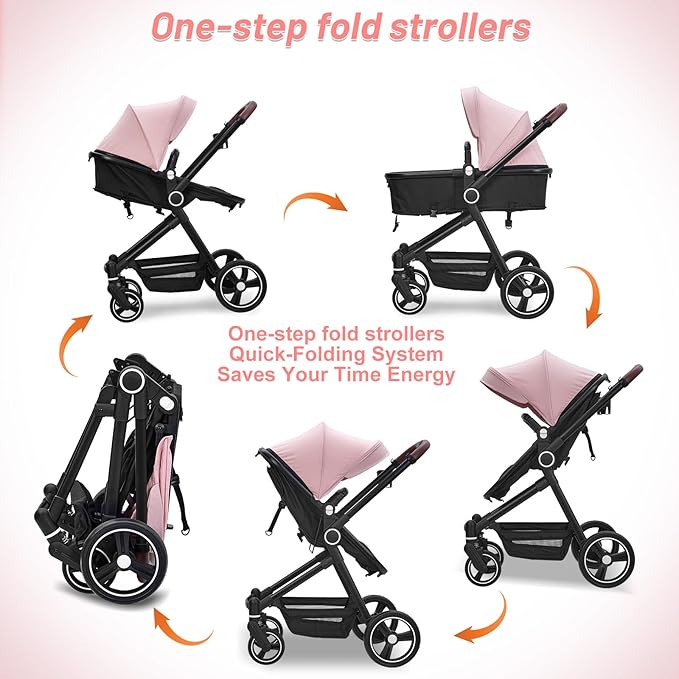 2 in 1 Baby Stroller for Toddler 0-3, Bassinet Stroller for NewbornToddler with Large Storage Basket, Removable Seat, Cup Holder, Shock Absorbing