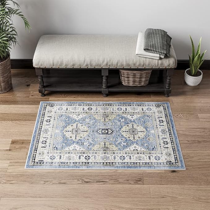 Dripex Vintage Washable Area Rug - 2x4 Indoor Door Mat Oriental Medallion Accent Throw Rug Distressed Foldable Non-Slip Low-Pile Bathroom Kitchen Rug for Entryway Laundry Room Living Room Bedroom