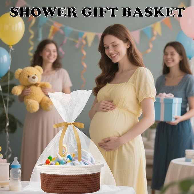 Gift Basket with Gift Bag and Ribbons,Small Rope Woven Shelf Storage,Baskets for Gifts Empty,Birthday,Shower,Decorative Organizer Box for Cat Dog Pet with Handles(White&Brown)