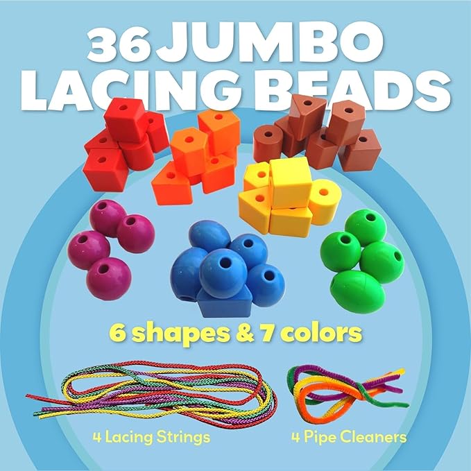 Skoolzy Rainbow Stringing Beads for Toddlers 46 Pcs Set - 5 pk - Stringing Beads - String Beads with Strings, Pipe Cleaners and Bag - Montessori Toys Occupational Therapy for Preschool