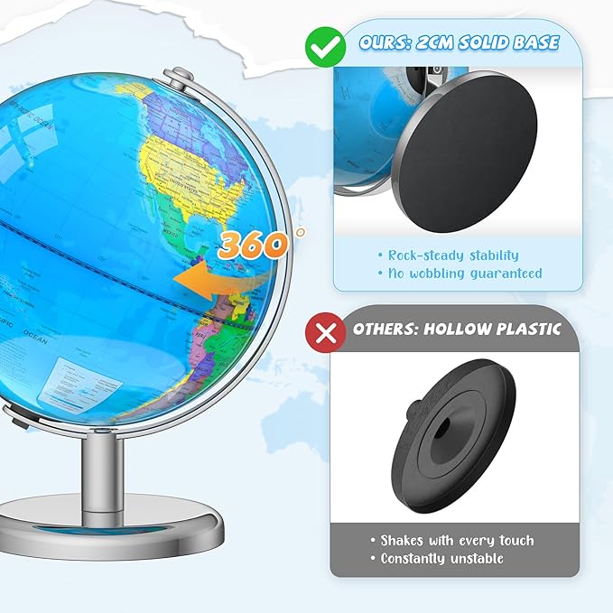 Illuminated World Globe for Children – 8" Globe Lamp with World Map for Kids, Stable Heavy Metal Base, Interactive STEM Learning Gift & Night Light