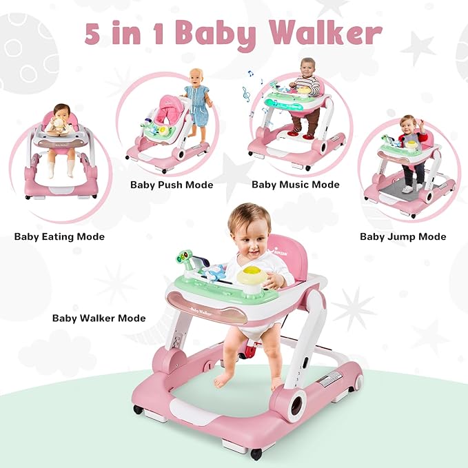 5 in 1 Baby Walker, Activity Baby Walker-Baby Bouncer, Rocker, Activity Center,Seat and Push Walker,Detachable Trampoline Mat, Adjustable Speed Rear Wheels and Height,Ages 6-18 Months (Pink)