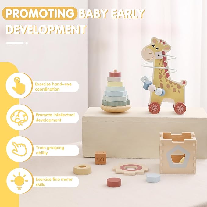 FReniland Montessori Toys for 1 Year Old,3-in-1 Wooden Baby Toys,Wooden Stacking Toy,Toddler Shape Sorting Cube, Giraffe Ring Toy,Newborn Baby Gift Sets for Boys and Girls