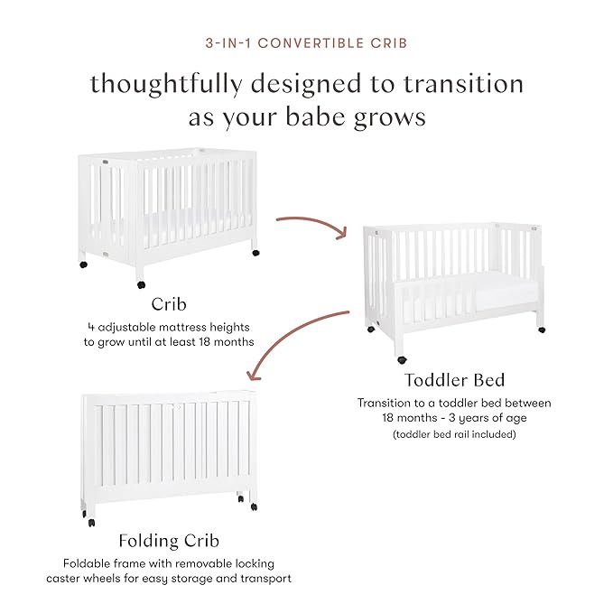 Babyletto Maki Full-Size 2-in-1 Portable Folding Crib with Toddler Bed Conversion Kit in White, Greenguard Gold Certified