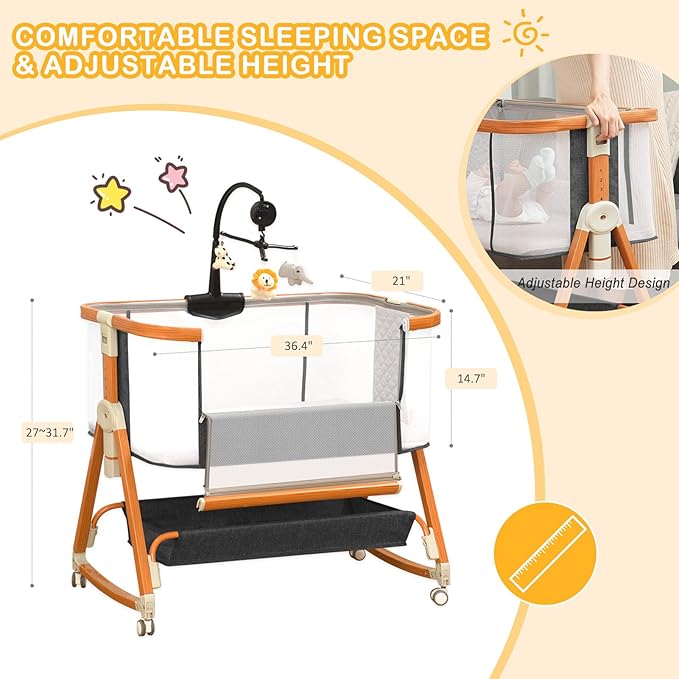 3 in 1 Bassinet,Baby Bassinets Bedside Sleeper with Musical Toy,Adjustable Height Bedside Bassinet for Baby with Wheels and Storage Basket,4-Sided Mesh Bedside Crib for Newborn 0-6 Months (Black)