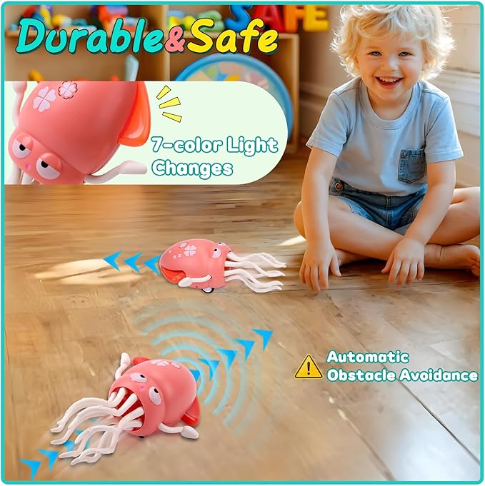 Dancing Octopus Baby Toy, Electric Crawling Squid with Obstacle Avoidance, Infant Light up Music Toys for 3 4 5 6 7 Year Old Kids, Rechargeable Tummy Time Toy Boy Girl Birthday Gifts (Pink)