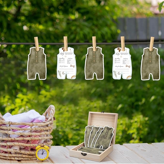 50 Pcs Double Side Green Cloth Baby Predictions & Advice Neutral Boy Cards for New Parents Baby Shower Games with Cards Wooden Keepsake Box for Wishes Decorations