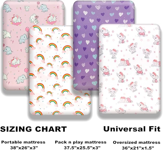 4 Pack Baby Girl Pack N Play Mini Crib Sheets Set Soft Fitted Elephant Theme Baby Girl Mattress Covers Breathable Toddler Bed Sheets for Infant or Newborn(Elephant, Pack N Play Mini Crib Sheets)