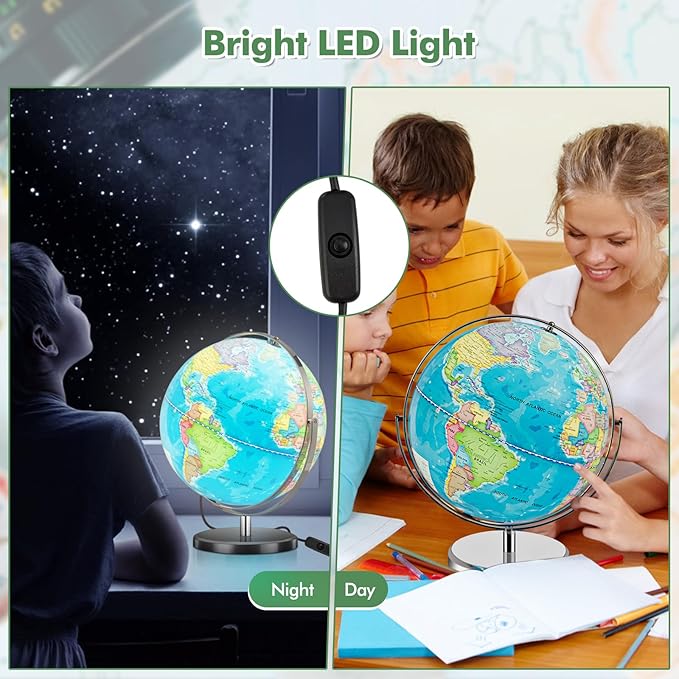 COSTWAY Illuminated World Globe, 13” Desktop Geographic Globe w/LED Light & Easy-to-Read Clear Map for Students, 720° Rotation Decoration, Educational Interactive Globe for School, Classroom