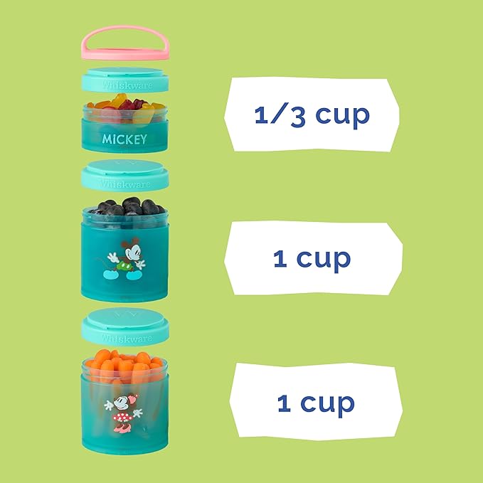 Whiskware Disney Stackable Snack Containers for Kids and Toddlers, 3 Stackable Snack Cups for School and Travel, Mickey and Minnie