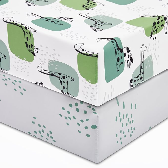TILLYOU Baby Crib Sheets for Boys Girls, Super Soft Toddler Bed Sheets, 2 Pack Sheets for Standard Crib Mattress 28x52in, Green Giraffes