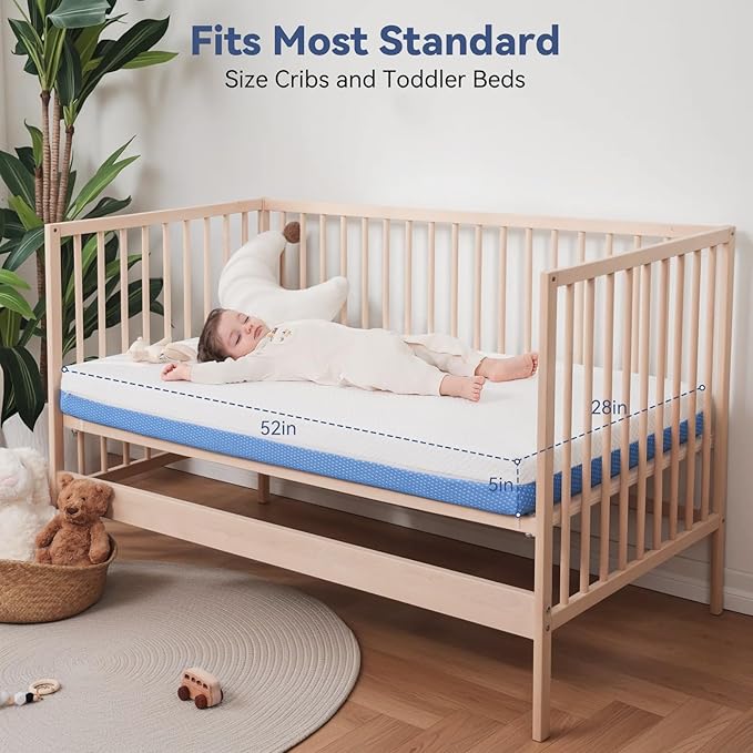 Extra Thick 5” Dual-Sided Crib Mattress – Gel Memory Foam Infant & Toddler Mattress, Cooling & Breathable Hypoallergenic Removable Cover, Fits Standard Cribs 52"x27.5"x5''