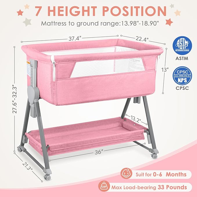 BIERUM Baby Bassinet for Baby - 7 Height Adjustable Bedside Bassinet with Lockable Wheels, Easy to Assemble Portable Bedside Crib with Large Storage Bag & Mattress for Newborn/Infant