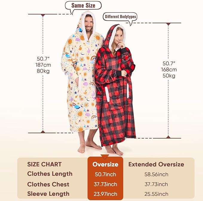 yescool Wearable Blanket Hoodie, Flannel Sherpa Fleece Blanket Sweatshirt for Adults Women Men, Big Plush Cozy Hooded Blanket with Hood, Pocket & Sleeves, Large, One Size Fits All (Red Checkered)