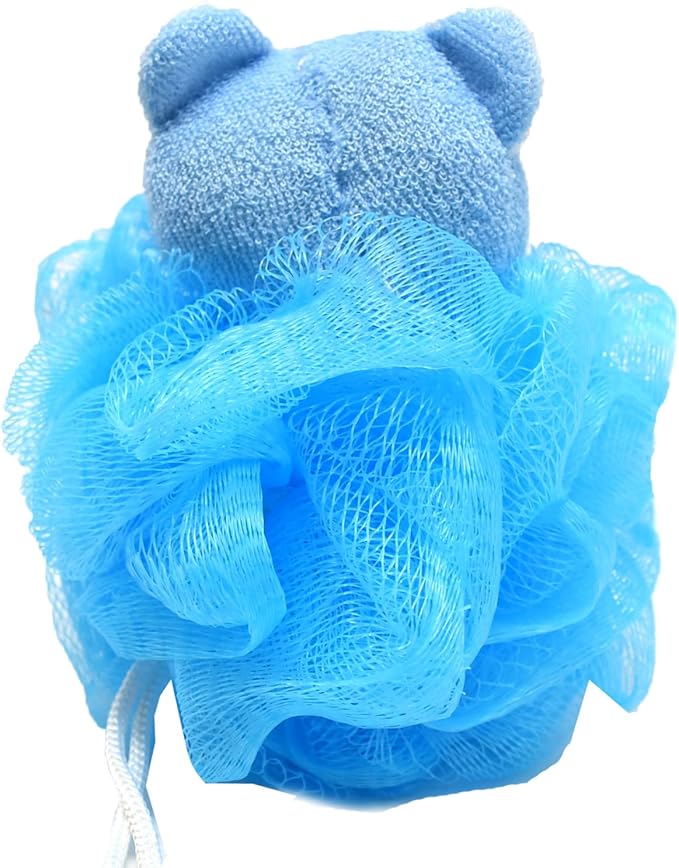 Cute Unicorn Kids Bath Loofahs Balls for Baby Girls Boys Mesh Shower Ball Pouf Exfoliating Bath Sponge Body Cleaner Bath Accessories (Blue Bear B)