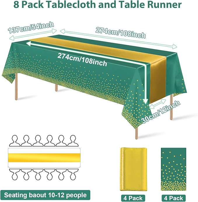 8Pack Disposable Plastic Party Tablecloths and Satin Table Runner Set Green and Gold Dot Table Cloth Gold Satin Table Runner for Wedding Birthday Baby Shower Anniversary Holiday Party Decorations