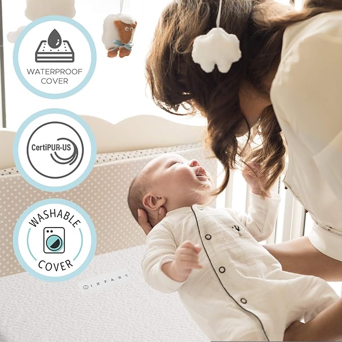 Organic Cotton Dual-Sided Crib Mattress | 2-Stage Premium Memory Foam CertiPUR-US Hypoallergenic Baby Mattress, Firm Support for Infant, Cooling Gel for Toddler, Waterproof Washable Cover, (Pink)