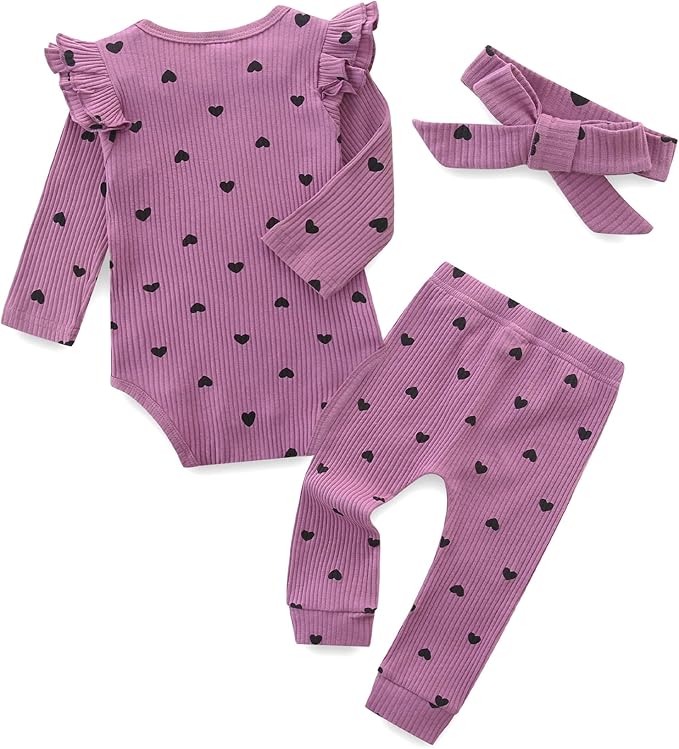 Fullfamous Baby Girl's 3pc Rib Frill Long Sleeve Romper and Pant Set