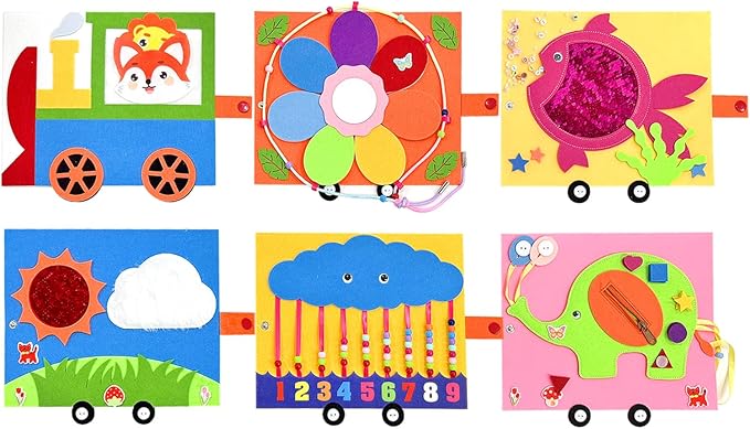 Montessori Busy Board, Cute Train Montessori Sensory Toys, Wall Activity Board for Toddlers 3+, Baby Travel Learning Toy
