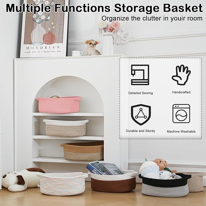 Gift Basket with Gift Bag and Ribbons,Small Rope Woven Shelf Storage,Baskets for Gifts Empty,Birthday,Shower,Decorative Organizer Box for Cat Dog Pet with Handles(Pink)
