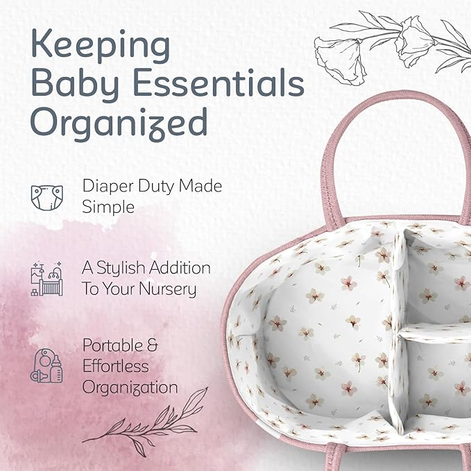 KiddyCare Diaper Caddy Organizer for Baby Nursery Basket with Handle Lid Nursing Caddy with Changing Table Organizer Cart Newborn Caddy Rosy (Floral Print) X-Large