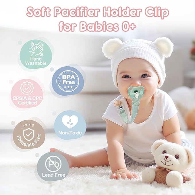 TYRY.HU Ribbon Pacifier Clip Holder,2 Pack Binky Paci Holder Clips, Pacifier Leash for Baby Boys and Girls, Soft Webbing Strap Universal Fits for Most Pacifier, Styles & Teethers Toys(Green,Pink)