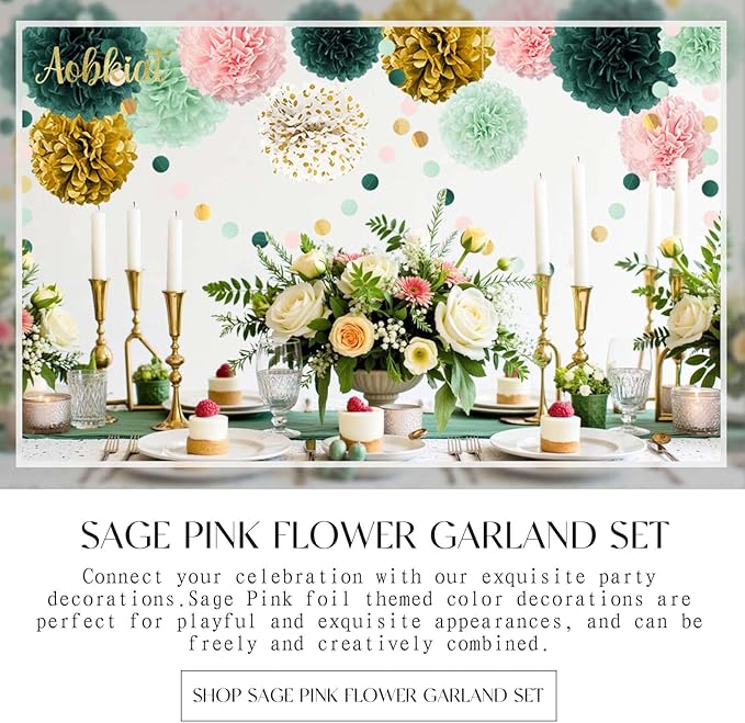 AOBKIAT Wedding Birthday Party Decorations Set,15PCS Sage Green Pink Tissue Paper PomPoms Circle Dots Paper Garland String Hanging Backdrop for Baby Shower, Boho Bridal Wedding Theme Decor