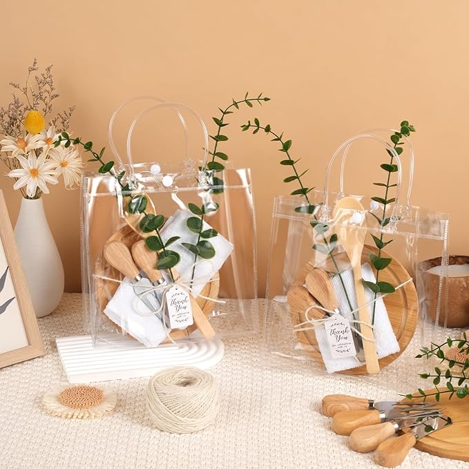 109Pcs Baby Shower Prizes for Game Winners 12 Sets Cheese Board Spoon Fork Butter Spreaders Plaid Towel Thank You Card and Gift Bags for Baby Shower Wedding Bridal Shower Favors (12, Bamboo Color)