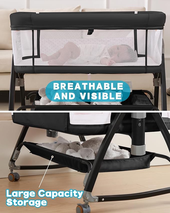 3 in 1 Baby Bassine Crib with Breathable Mesh, Bassinet Bedside Sleeper with Wheels, Mosquito Net, Storage Basket, 6 Height Adjustable, Easy to Fold, Rocking Bassinet for Baby, Black