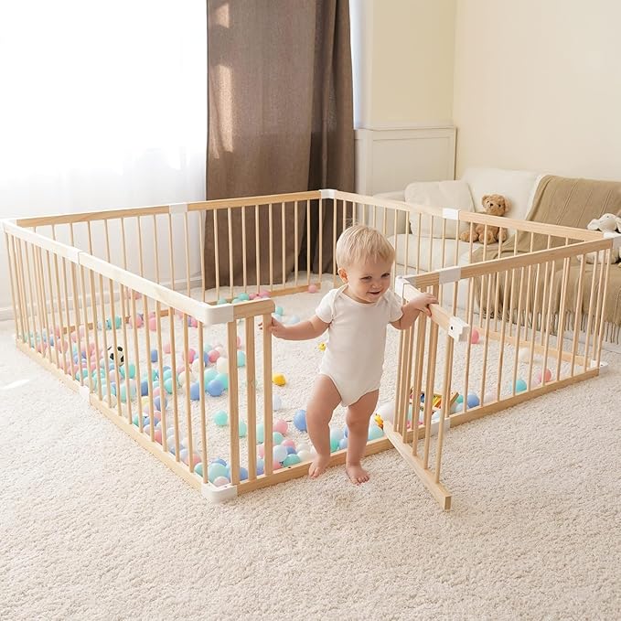 GGF Wooden Baby Playpen -79 * 55 * 24 in, Large Wood Gate Playpen for Babies and Toddlers, Baby Fence Play Yard with Door for Kids Activity Center