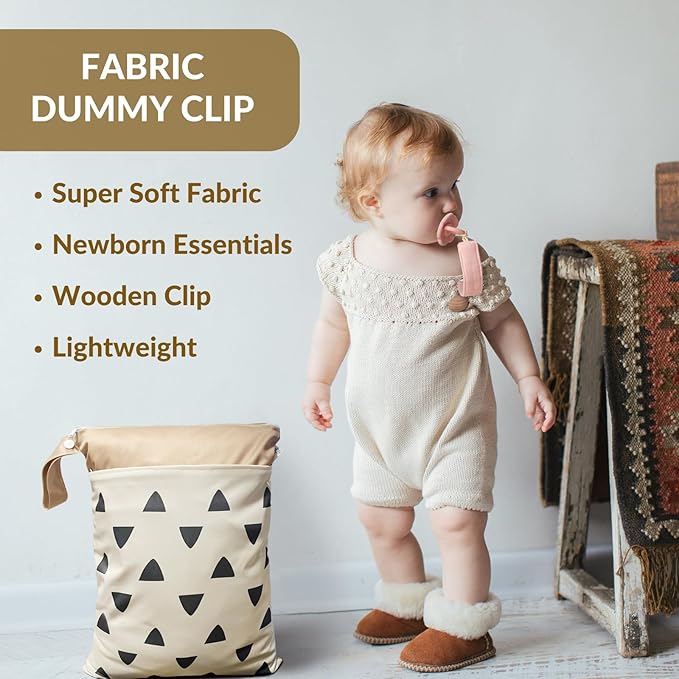 Baby Pacifier Clip, 2 Pack Fabric Pacifier Clips, Super Soft Fabric Strap with Wooden Clip, Pacifier Clips for Baby Girl & Boy (Cream/Sage)