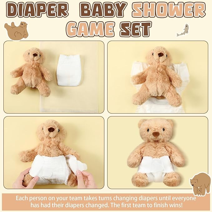 8 Sets Brown Bear Blindfolded Diaper Changing Baby Shower Games Flip Cup Games Prizes 8 Plush 8 Diapers 8 Gift Bags for Baby Shower Gender Reveal Raffle Party Game