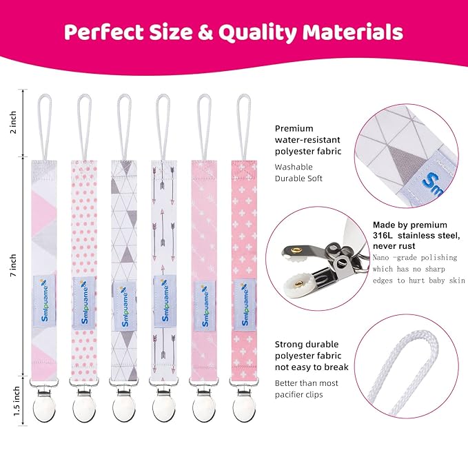 Smlpuame Pacifier Clip Girl,6 Pack Stylish Binky Clips Strap for Baby Girls,Paci Holder with Metal Clip Lightweight Universal Fits Most Pacifiers Teether Toy Soothie,Baby Gifts(Pink & Grey)